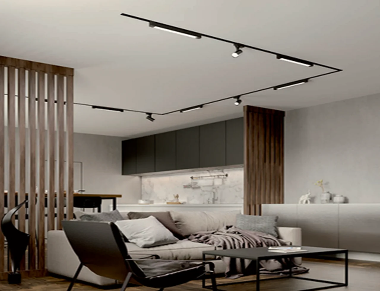 Потолок в гостиной со встроенным треком 21 м.кв.