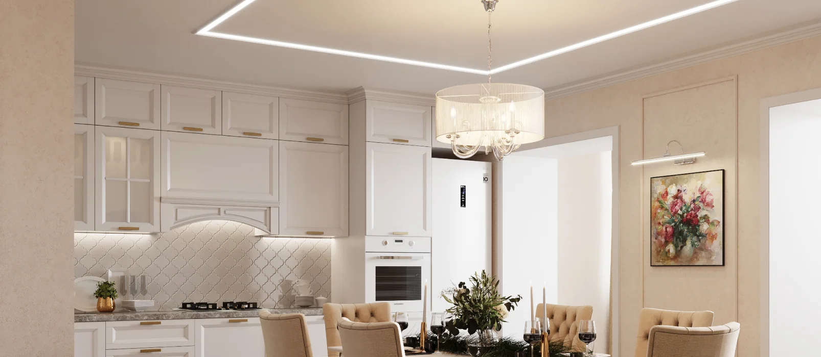 КЛАССИЧЕСКИЙ БЕЛЫЙ МАТОВЫЙ НАТЯЖНОЙ ПОТОЛОК СО СВЕТОВОЙ ЛИНИЕЙ И ЛЮСТРОЙ