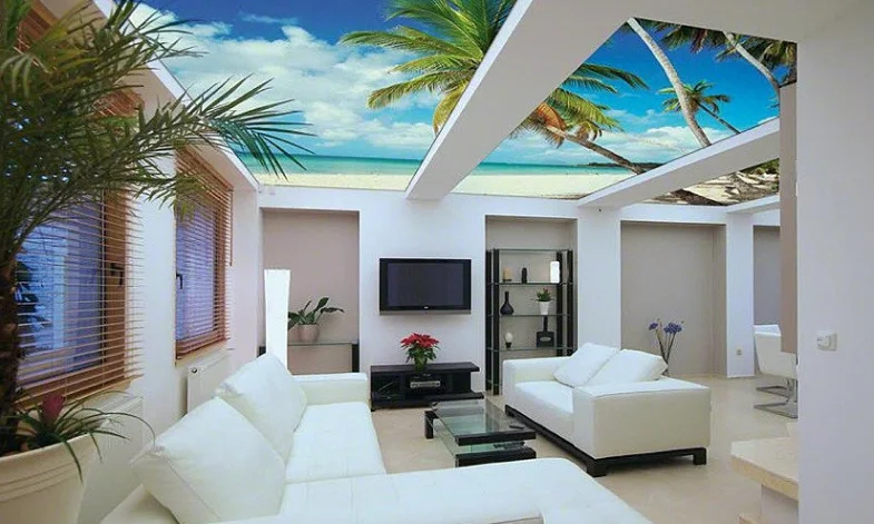 МАТОВЫЙ НАТЯЖНОЙ ПОТОЛОК С ФОТОПЕЧАТЬЮ В ГОСТИНОЙ