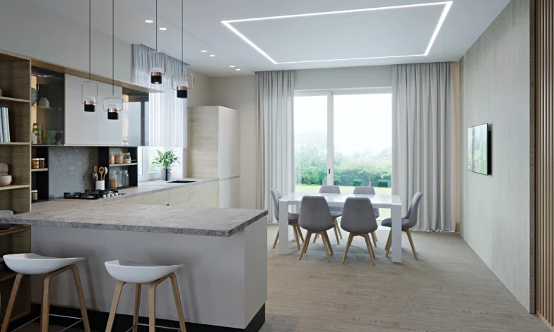 МАТОВЫЙ НАТЯЖНОЙ ПОТОЛОК ДВА УРОВНЯ СО СВЕТОВОЙ ЛИНИЕЙ