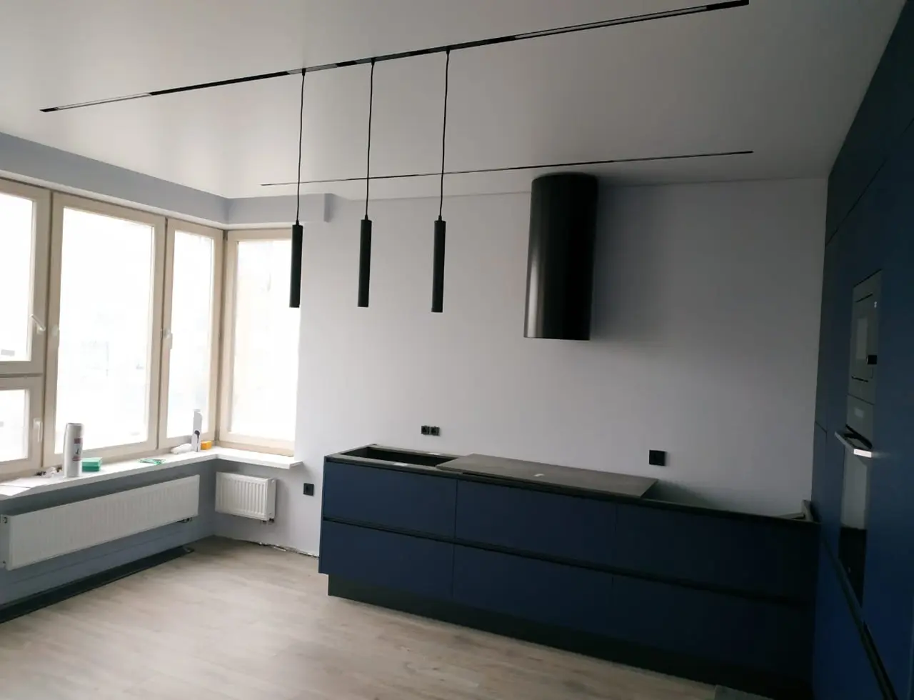 Матовый потолок со встроенной трековой системой 14 м.кв.