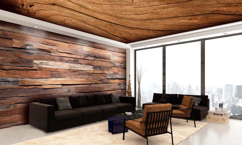 САТИНОВЫЙ НАТЯЖНОЙ ПОТОЛОК С ФОТОПЕЧАТЬЮ «ПОД ДЕРЕВО» ВМОНТИРОВАН В ГИПСОКАРТОН