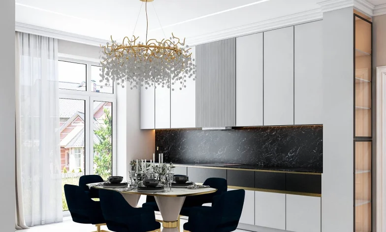 МАТОВЫЙ НАТЯЖНОЙ ПОТОЛОК С НИШЕЙ ПОД ШТОРЫ, СВЕТОВОЙ ЛИНИЕЙ И ЛЮСТРОЙ